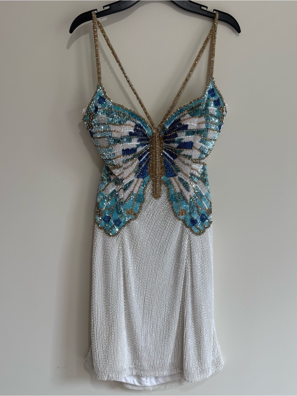 Sherri Hill White Mini Dress with Turquoise & Gold Butterfly Bodice